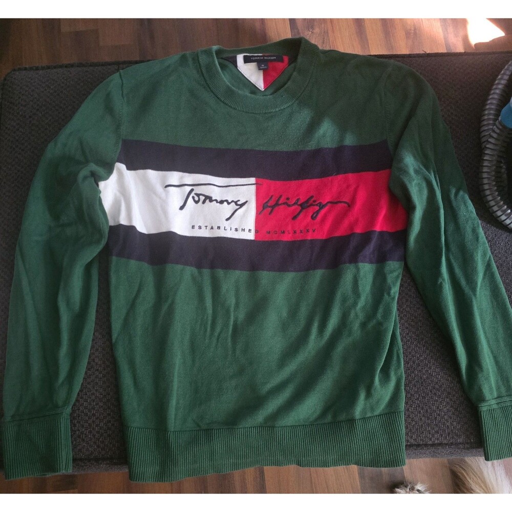 Tommy Hilfiger Men’s M Green Flag Logo Crewneck Sweater Colorblock Signature